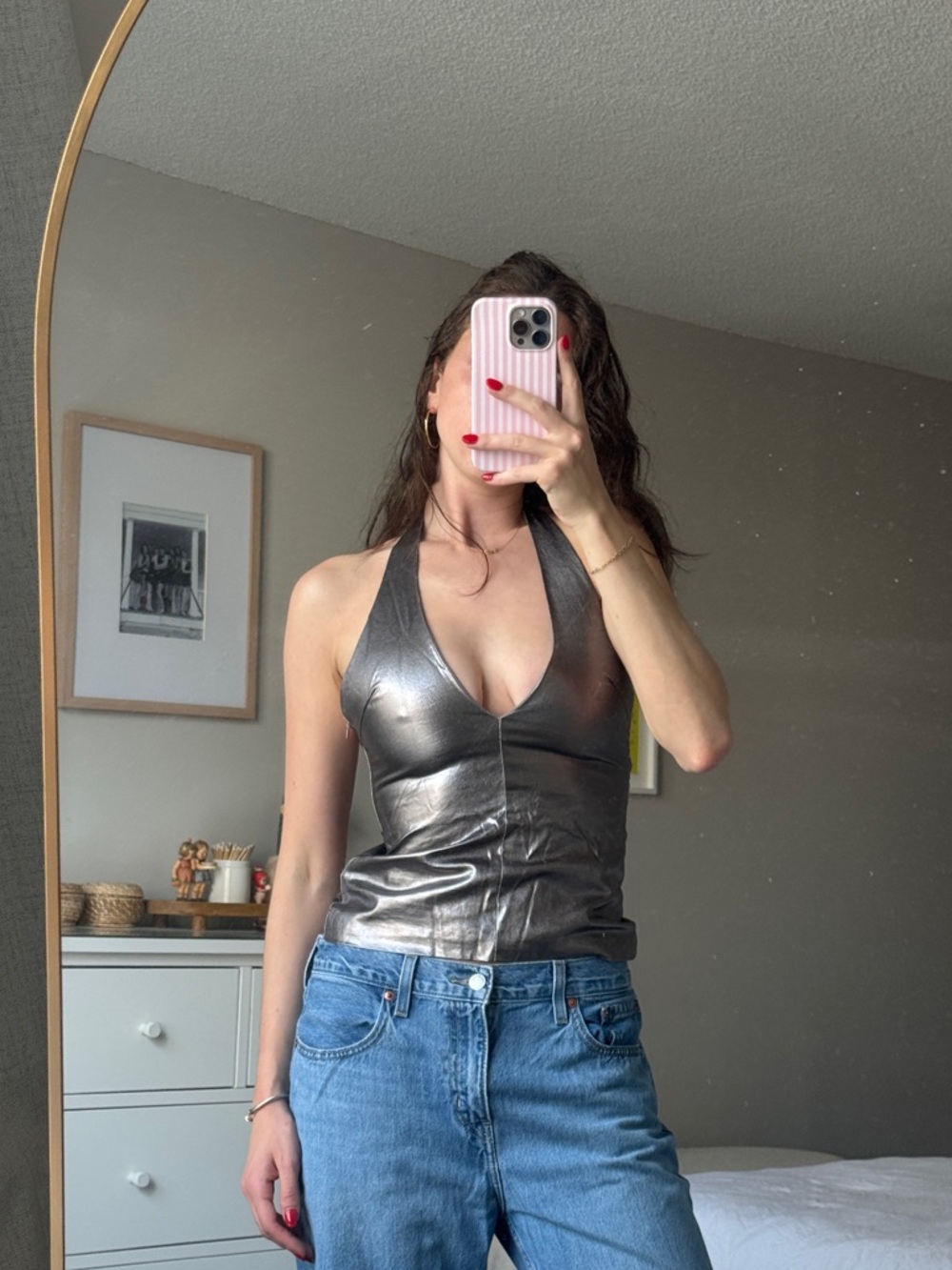 Zara Metallic Silver Halter V-Neck Camisole